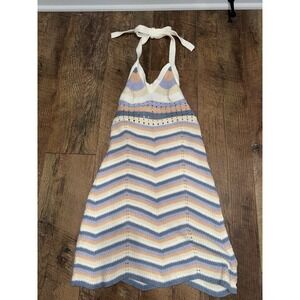 Pink Rose Crochet Dress Striped Adjustable Halter‎ Top Size XS Blue Combo